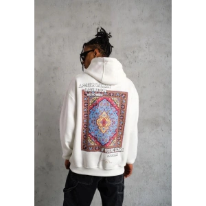 Erkek 3 İplik Pamuklu Kapüşonlu Baskılı Cepli Oversize Sweatshirt Hoodie - Beyaz