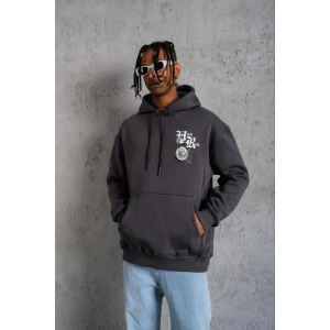 Erkek 3 İplik Pamuklu Kapüşonlu Baskılı Cepli Oversize Sweatshirt Hoodie - Füme