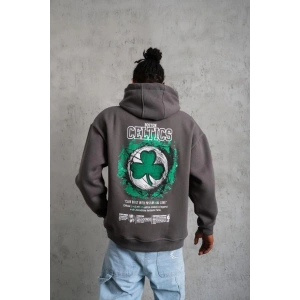 Erkek 3 İplik Pamuklu Kapüşonlu Baskılı Cepli Oversize Sweatshirt Hoodie - Gri