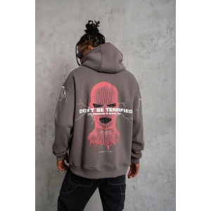 Erkek 3 İplik Pamuklu Kapüşonlu Baskılı Cepli Oversize Sweatshirt Hoodie - Gri