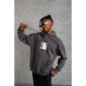 Erkek 3 İplik Pamuklu Kapüşonlu Baskılı Cepli Oversize Sweatshirt Hoodie - Gri