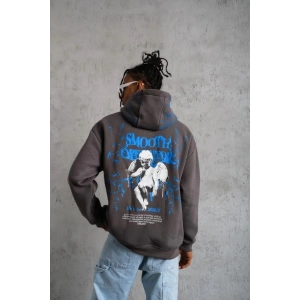 Erkek 3 İplik Pamuklu Kapüşonlu Baskılı Cepli Oversize Sweatshirt Hoodie - Gri