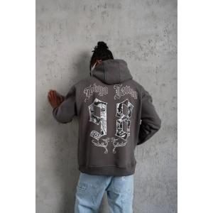 Erkek 3 İplik Pamuklu Kapüşonlu Baskılı Cepli Oversize Sweatshirt Hoodie - Gri