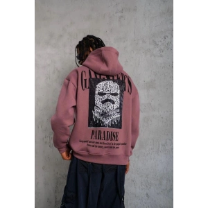 Erkek 3 İplik Pamuklu Kapüşonlu Baskılı Cepli Oversize Sweatshirt Hoodie - Gül Kurusu