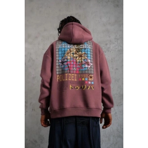 Erkek 3 İplik Pamuklu Kapüşonlu Baskılı Cepli Oversize Sweatshirt Hoodie - Gül Kurusu