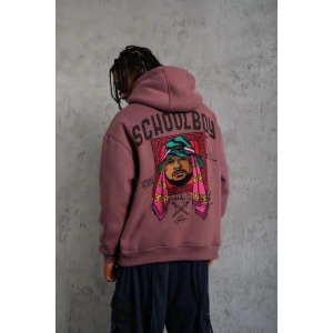 Erkek 3 İplik Pamuklu Kapüşonlu Baskılı Cepli Oversize Sweatshirt Hoodie - Gül Kurusu