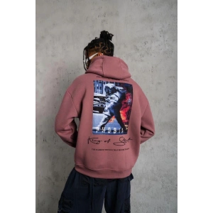 Erkek 3 İplik Pamuklu Kapüşonlu Baskılı Cepli Oversize Sweatshirt Hoodie - Gül Kurusu