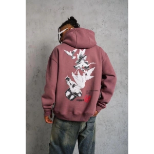 Erkek 3 İplik Pamuklu Kapüşonlu Baskılı Cepli Oversize Sweatshirt Hoodie - Gül Kurusu