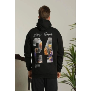 Erkek 3 İplik Pamuklu Kapüşonlu Baskılı Cepli Oversize Sweatshirt Hoodie - Siyah