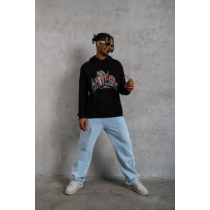 Erkek 3 İplik Pamuklu Kapüşonlu Baskılı Cepli Oversize Sweatshirt Hoodie - Siyah
