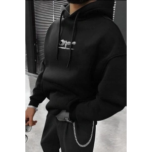 Erkek 3 İplik Pamuklu Kapüşonlu Baskılı Cepli Oversize Sweatshirt Hoodie - Siyah