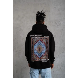 Erkek 3 İplik Pamuklu Kapüşonlu Baskılı Cepli Oversize Sweatshirt Hoodie - Siyah