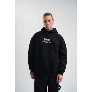 Erkek 3 İplik Pamuklu Kapüşonlu Baskılı Cepli Oversize Sweatshirt Hoodie - Siyah