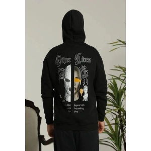 Erkek 3 İplik Pamuklu Kapüşonlu Baskılı Cepli Oversize Sweatshirt Hoodie - Siyah