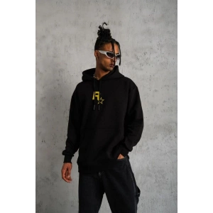 Erkek 3 İplik Pamuklu Kapüşonlu Baskılı Cepli Oversize Sweatshirt Hoodie - Siyah