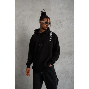 Erkek 3 İplik Pamuklu Kapüşonlu Baskılı Cepli Oversize Sweatshirt Hoodie - Siyah