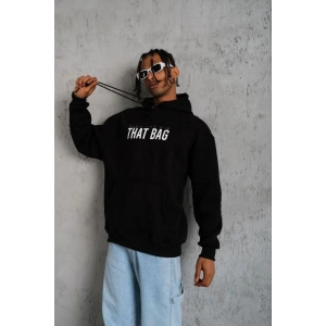 Erkek 3 İplik Pamuklu Kapüşonlu Baskılı Cepli Oversize Sweatshirt Hoodie - Siyah