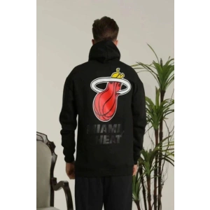 Erkek 3 İplik Pamuklu Kapüşonlu Baskılı Cepli Oversize Sweatshirt Hoodie - Siyah