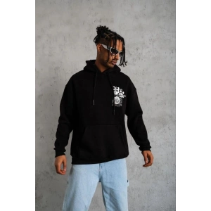 Erkek 3 İplik Pamuklu Kapüşonlu Baskılı Cepli Oversize Sweatshirt Hoodie - Siyah