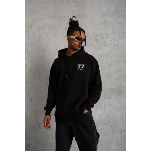 Erkek 3 İplik Pamuklu Kapüşonlu Baskılı Cepli Oversize Sweatshirt Hoodie - Siyah