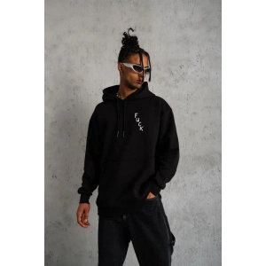 Erkek 3 İplik Pamuklu Kapüşonlu Baskılı Cepli Oversize Sweatshirt Hoodie - Siyah