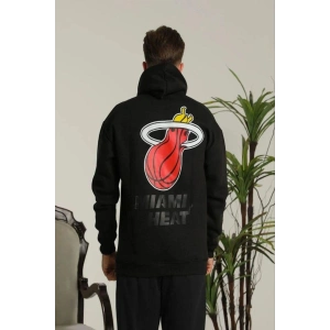 Erkek 3 İplik Pamuklu Kapüşonlu Baskılı Cepli Oversize Sweatshirt Hoodie - Siyah