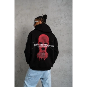 Erkek 3 İplik Pamuklu Kapüşonlu Baskılı Cepli Oversize Sweatshirt Hoodie - Siyah