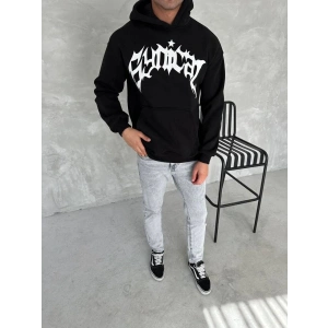 Erkek 3 İplik Pamuklu Kapüşonlu Baskılı Cepli Oversize Sweatshirt Hoodie - Siyah