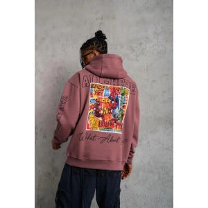 Erkek 3 İplik Pamuklu Kapüşonlu Baskılı Cepli Sweatshirt Hoodie - Gül Kurusu