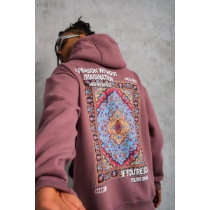 Erkek 3 İplik Pamuklu Kapüşonlu Baskılı Cepli Sweatshirt Hoodie - Gül Kurusu