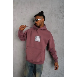 Erkek 3 İplik Pamuklu Kapüşonlu Baskılı Cepli Sweatshirt Hoodie - Gül Kurusu