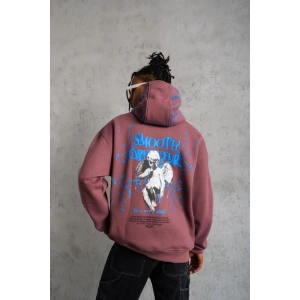 Erkek 3 İplik Pamuklu Kapüşonlu Baskılı Cepli Sweatshirt Hoodie - Gül Kurusu