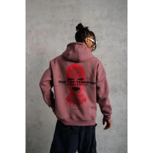 Erkek 3 İplik Pamuklu Kapüşonlu Baskılı Cepli Sweatshirt Hoodie - Gül Kurusu