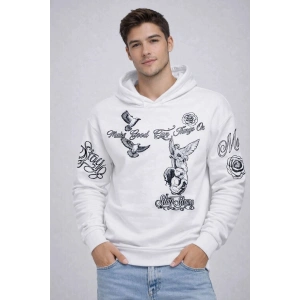 Erkek 3 İplik Pamuklu Kapüşonlu Baskılı SweatShirt hoodie - Beyaz