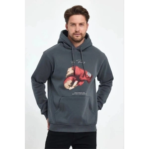 Erkek 3 İplik Pamuklu Kapüşonlu Cepli Boks Eldiven Baskılı Hoodie Sweatshirt - Füme
