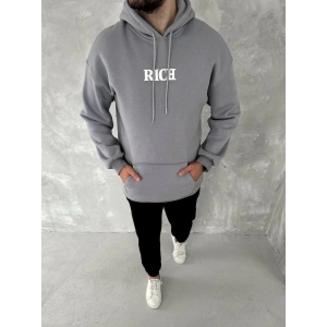 Erkek 3 İplik Pamuklu Kapüşonlu Kanguru Cepli Baskılı Oversize Hoodie Sweatshirt - Gri