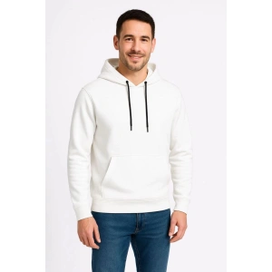 Erkek 3 İplik Pamuklu Kapüşonlu Kanguru Cepli SweatShirt hoodie - Beyaz