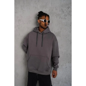 Erkek 3 İplik Pamuklu Kapüşonlu Kanguru Cepli Sweatshirt Hoodie - Gri