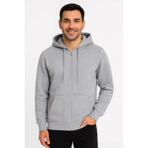 Erkek 3 İplik Pamuklu Kapüşonlu Tam Fermuarlı Cepli Hoodie Sweatshirt - Gri