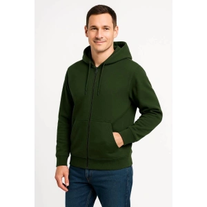 Erkek 3 İplik Pamuklu Kapüşonlu Tam Fermuarlı Cepli Hoodie Sweatshirt - Haki