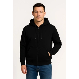 Erkek 3 İplik Pamuklu Kapüşonlu Tam Fermuarlı Cepli Hoodie Sweatshirt - Siyah
