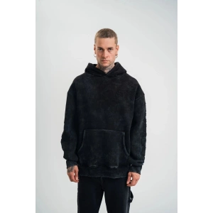 ERKEK 3 iplik Pamuklu Kapüşonlu Yıkamalı Nakışlı Hoodie SweatShirt - Siyah