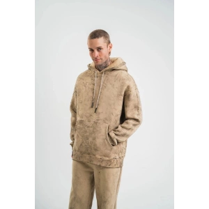 ERKEK 3 iplik Pamuklu Oversize Kapüşonlu Yıkamalı Hoodie SweatShirt - Bej