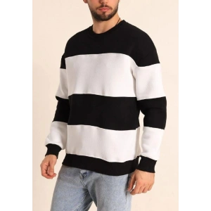 Erkek 3 iplik pamuklu Parçalı Bisiklet Yaka SweatShirt - Siyah