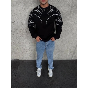 Erkek 3 iplik pamuklu Yıldırım Baskılı Bisiklet Yaka SweatShirt - Siyah
