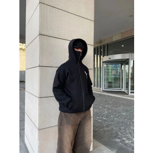 Erkek 3 iplik Samuray kapüşonlu ZIP Fermuarlı SweatShirt Hoodie - Siyah