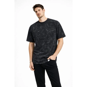 Erkek Asit Yıkama Bisiklet Yaka Kısa Kollu Oversize T-Shirt Tişört - Siyah