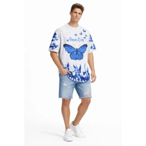 Erkek Asit Yıkamalı Oversize Tişört Bisiklet Yaka Kısa Kol T-shirt - Beyaz