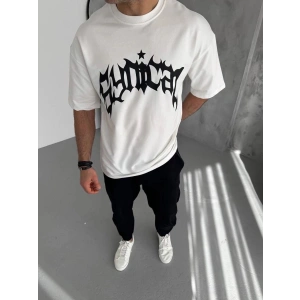 Erkek Baskılı Bisiklet Yaka T-Shirt - Beyaz