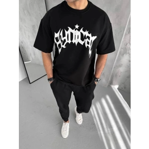 Erkek Baskılı Bisiklet Yaka T-Shirt - Siyah